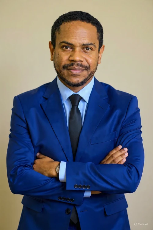 Sergio Merces vestindo um terno azul e gravata preta de braços cruzados